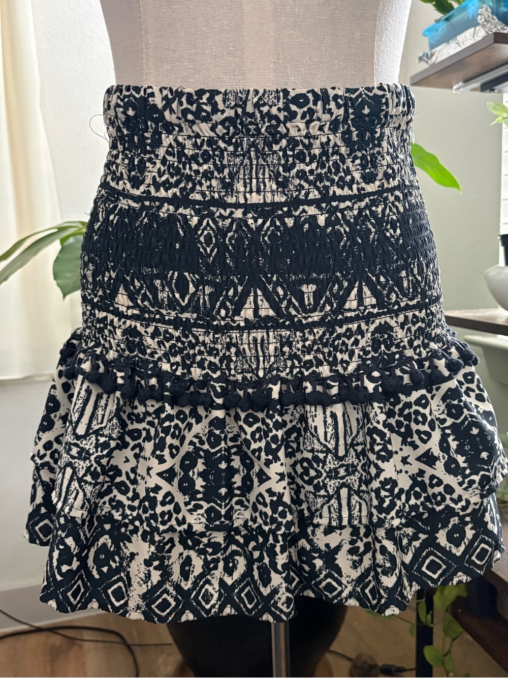 Zara Navy and White Smocked High Waist Patterned Bohemian Mini Skirt NWOT